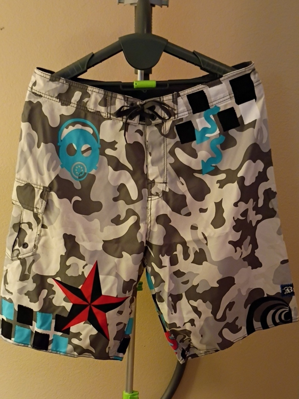 burnside Gray Camo Swim Board Shorts with Teal and Red Graphics Size 38